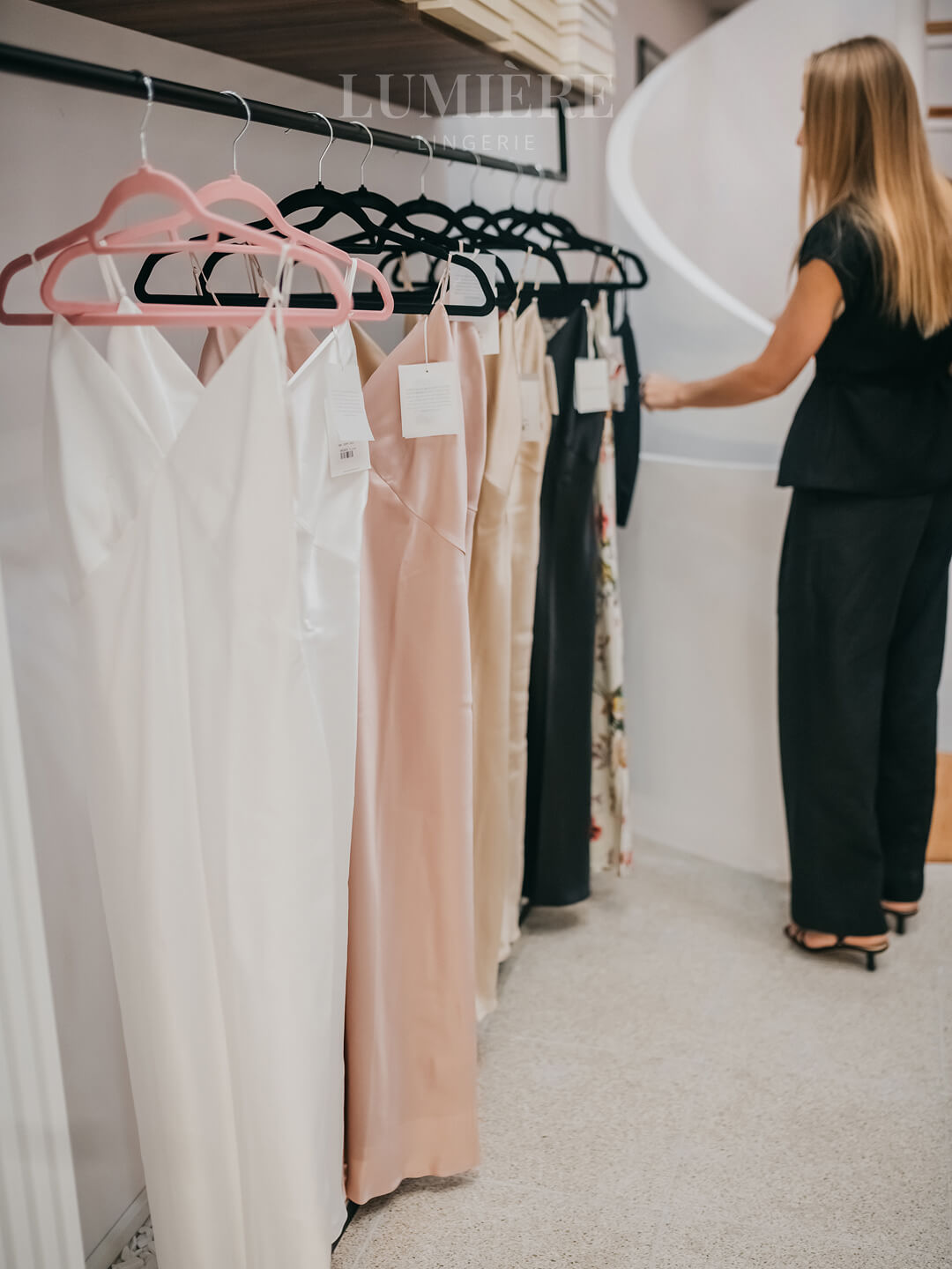 Olivia von Halle silk sleepwear rail at Lumiere showroom in Limassol Cyprus